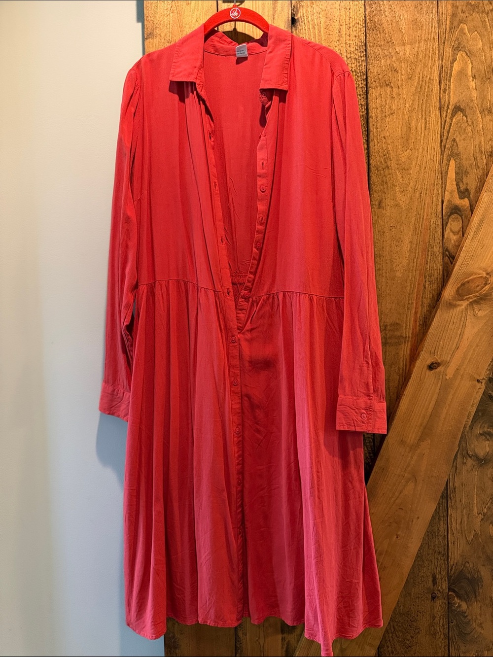 Old Navy Coral-Red Long-Sleeve Button-Down Midi Dress